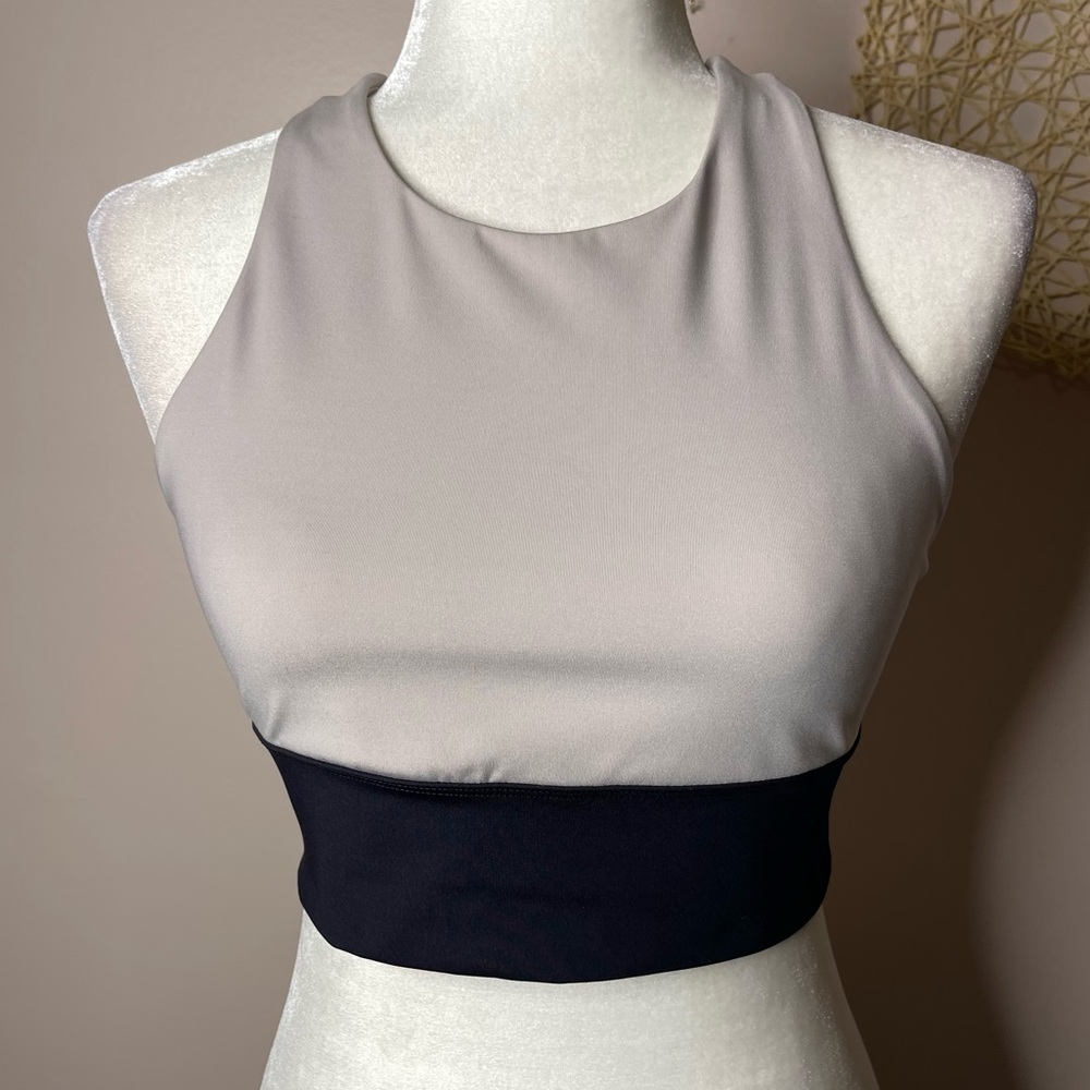G. Label by GOOP Cutout Longline Crop Top Sports Bra (Taupe Black) - small